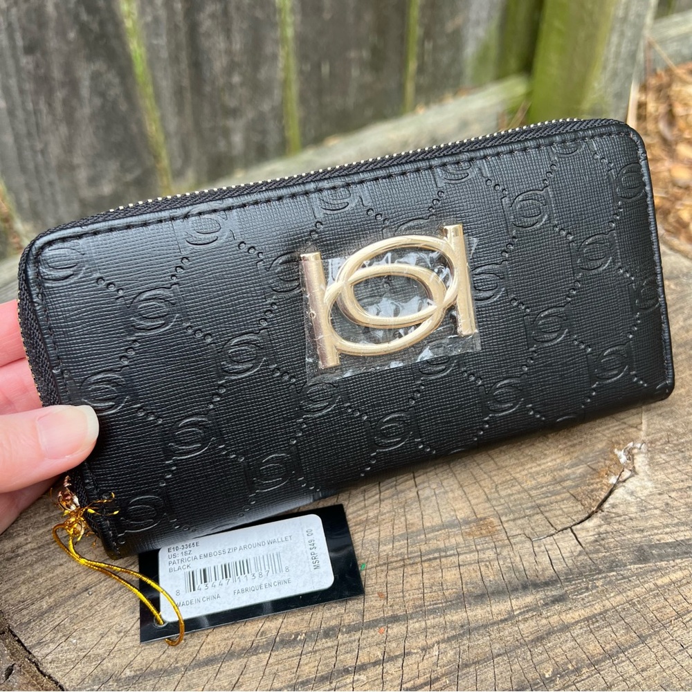 Bebe Patricia Emboss Zip Around Black Gold Wallet